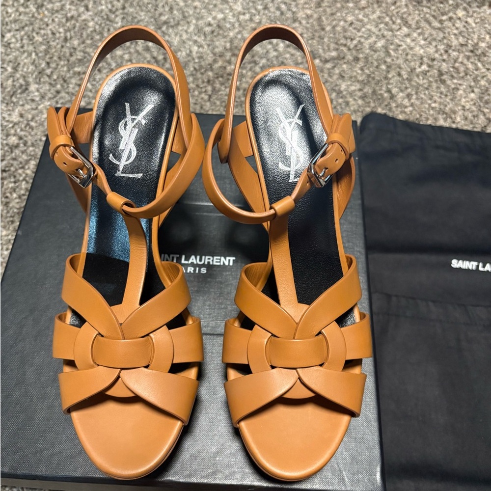 Saint Laurent Tan Leather T-Strap Platform Heels - Picture 2 of 11